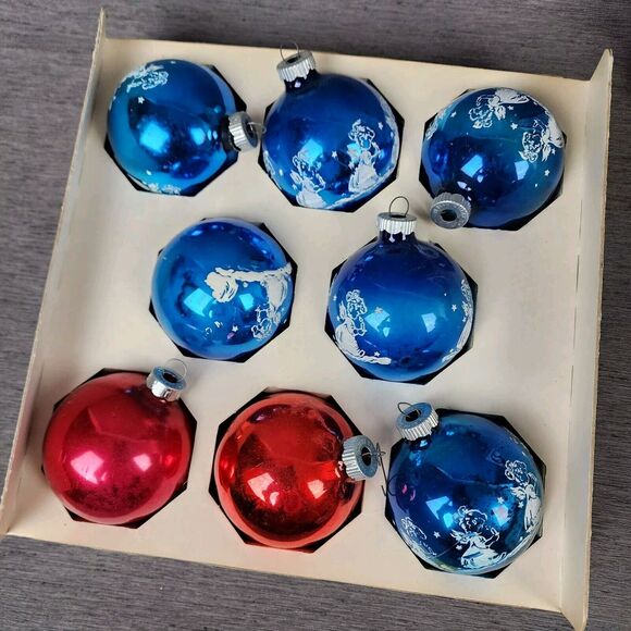 Vintage Shiny Brite Christmas Ornaments Blue White Angel Candle 6 Pieces Set - Picture 3 of 11
